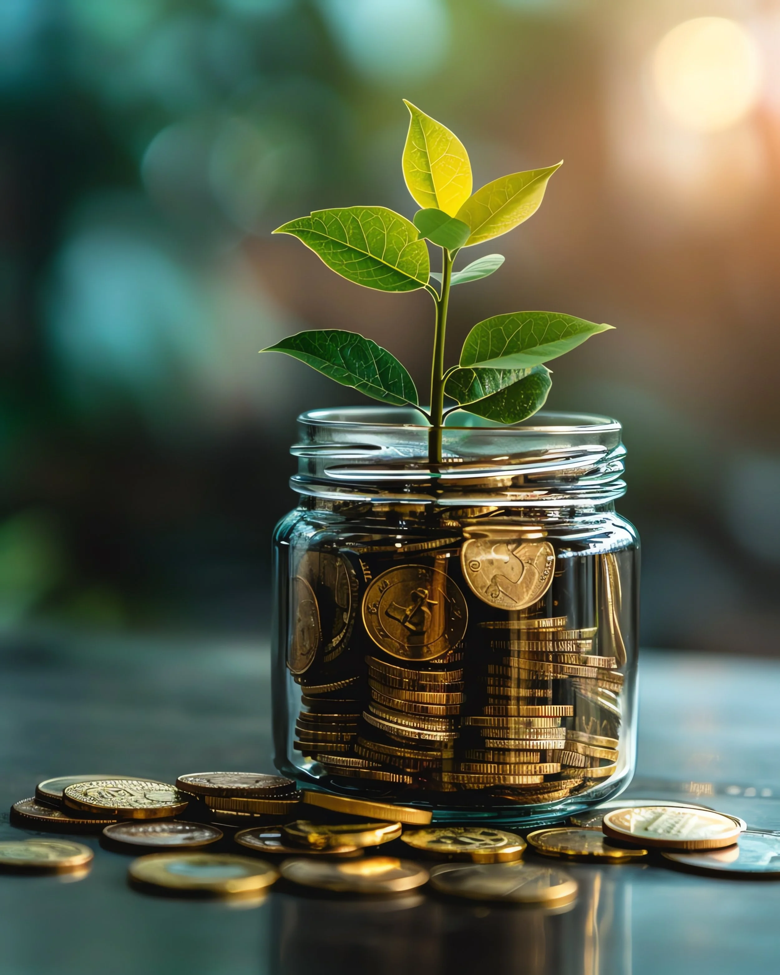 A glass jar filled with coins, with a small plant growing from the jar, symbolizing financial growth or investment.