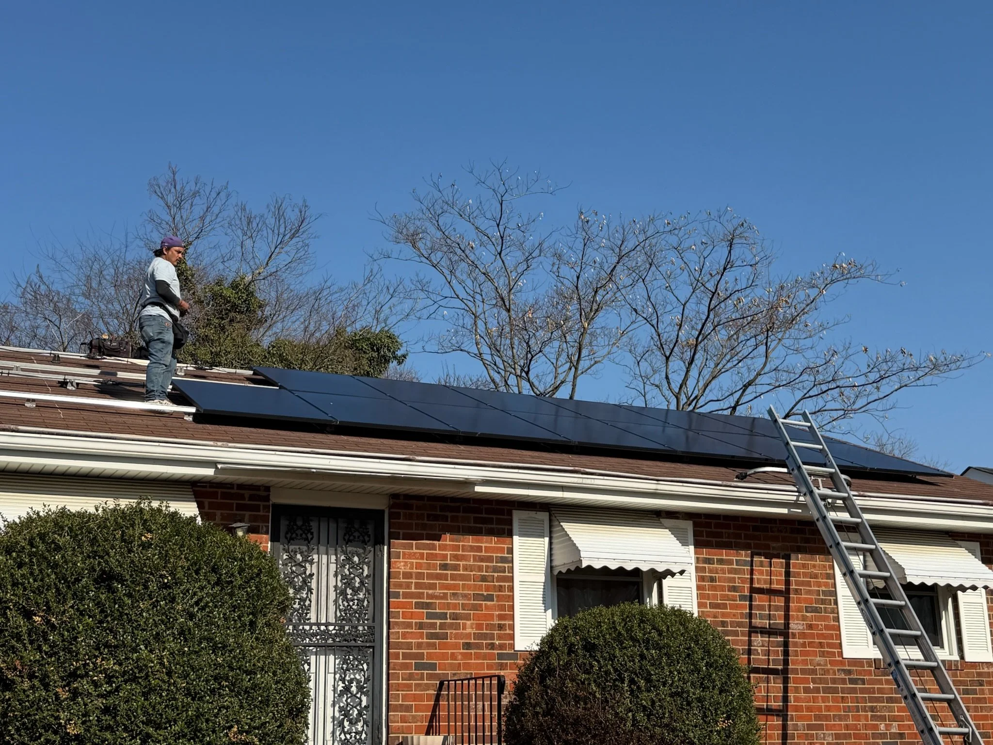 Person installing solar panels on a house roof with a ladder leaning against the roof, behind bushes, under a clear blue sky with leafless trees in the background.