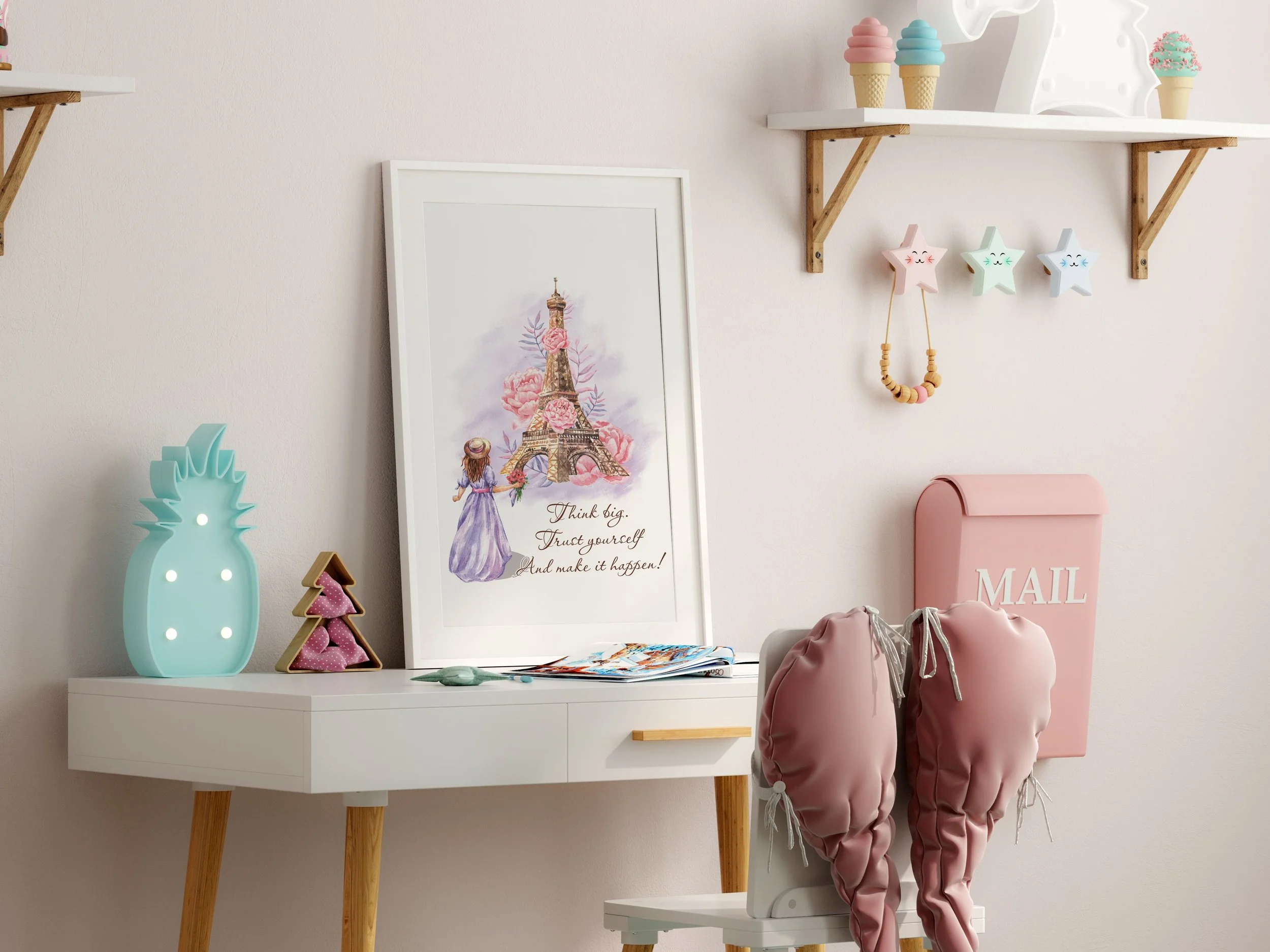 Decorative travel-inspired children's wall art. Showing the Eiffel Tower with a paris theme.