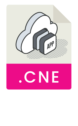 Illustration of a cloud with app boxes, representing cloud computing, and a pink banner with '.CNE' and black text saying 'Enterprise Cloud-Native Engineering.'