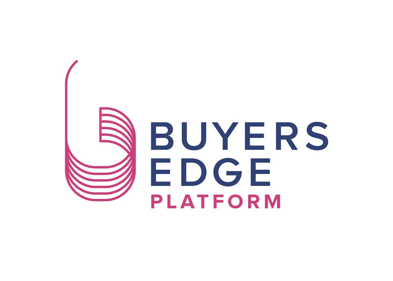 Logo of Buyers Edge Platform featuring a stylized pink shield with horizontal lines and the text 'Buyer Edge Platform' in blue and pink.