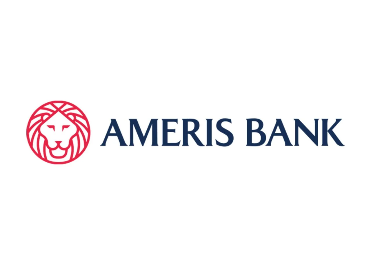 Logo of Ameris Bank featuring a red lion's head icon and navy blue text.
