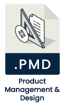 Icon of a mobile device with a document and gear, indicating product management and design, with a dark blue background and '.PMD' text.