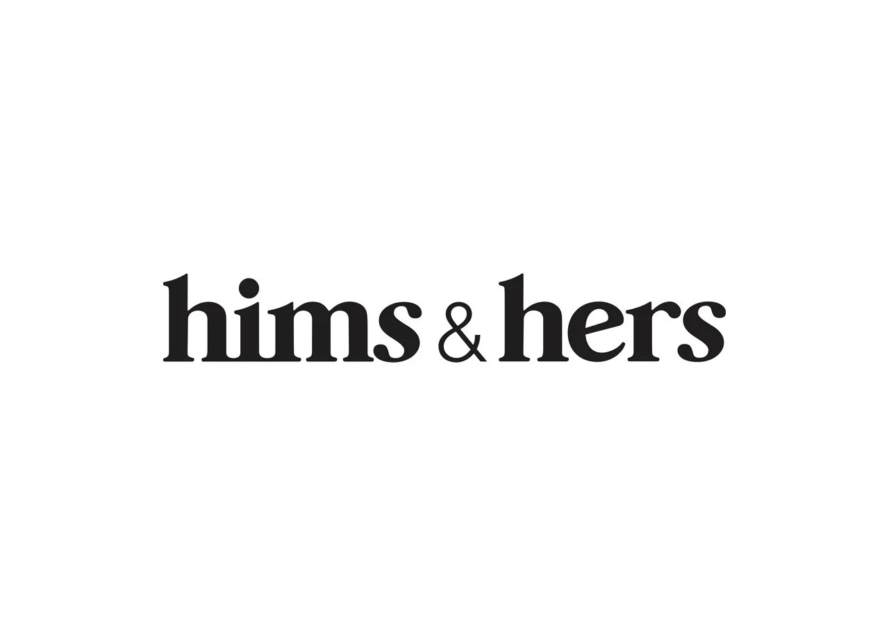 Text that reads "hims & hers" in black font on a white background.