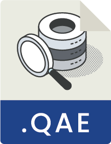 A magnifying glass examining a stack of test tubes or containers, with the text .QAE below.