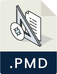 Graphical illustration of a triangular ruler, a sheet of paper, and a protractor with a checkmark symbol, representing measurements or technical drawing, with the text '.PMD' label at the bottom.