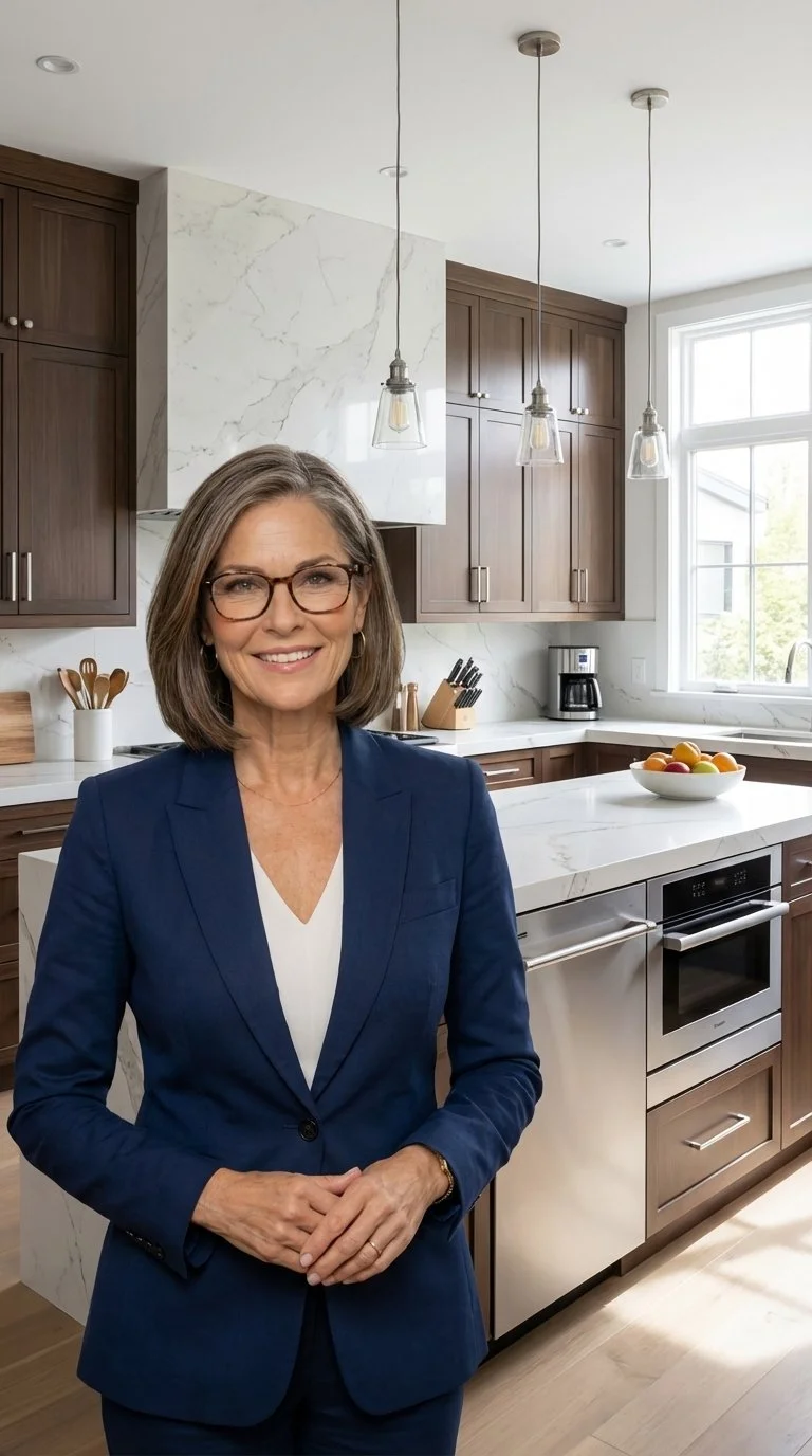 A smiling woman with gray hair and glasses, wearing a blue blazer, standing in a modern kitchen with wooden cabinets, a white marble countertop, and pendant lights.