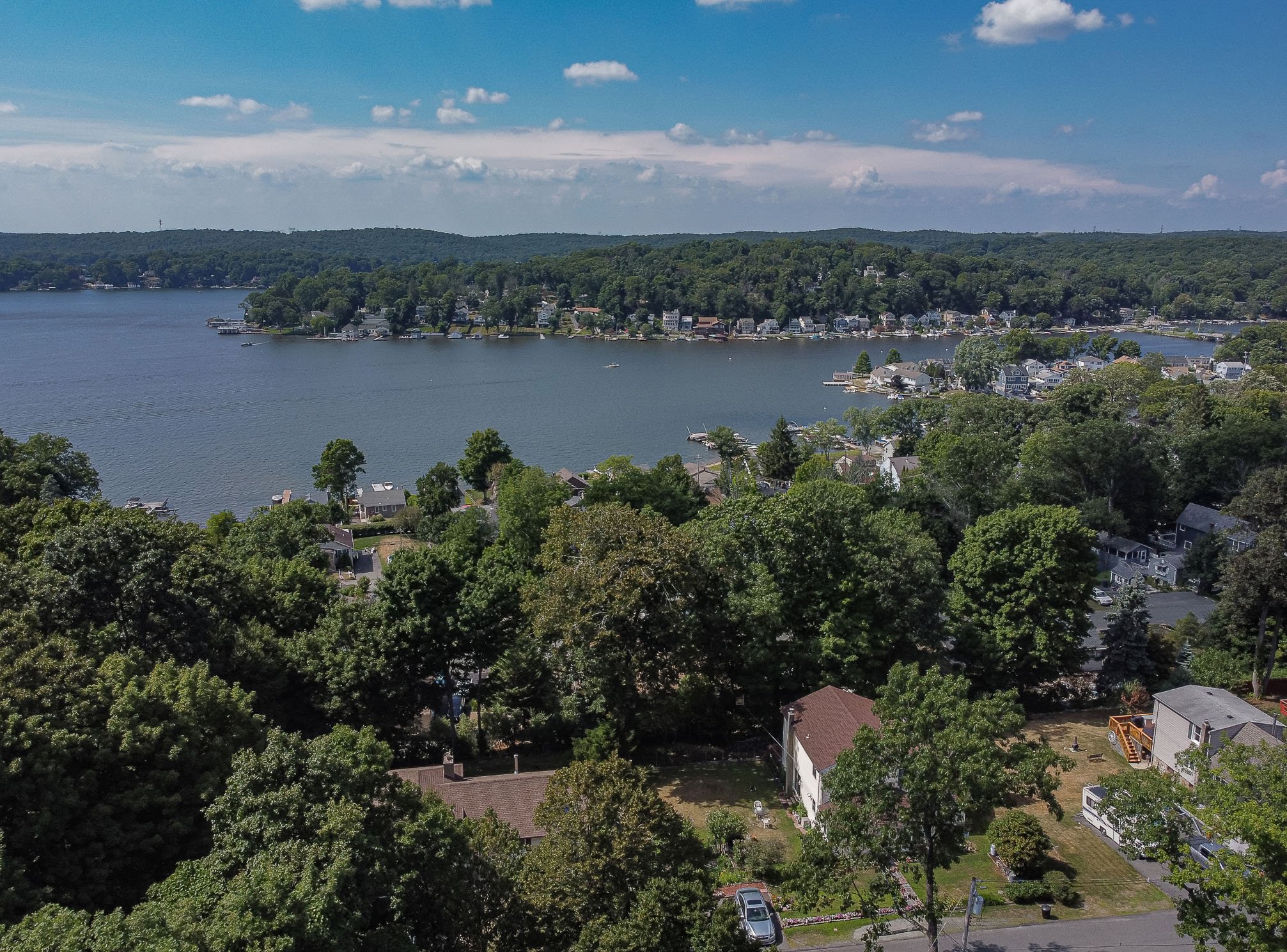 Aerial view of a lakeside neighborhood with houses among green trees, a calm lake, and distant hills under a partly cloudy sky.