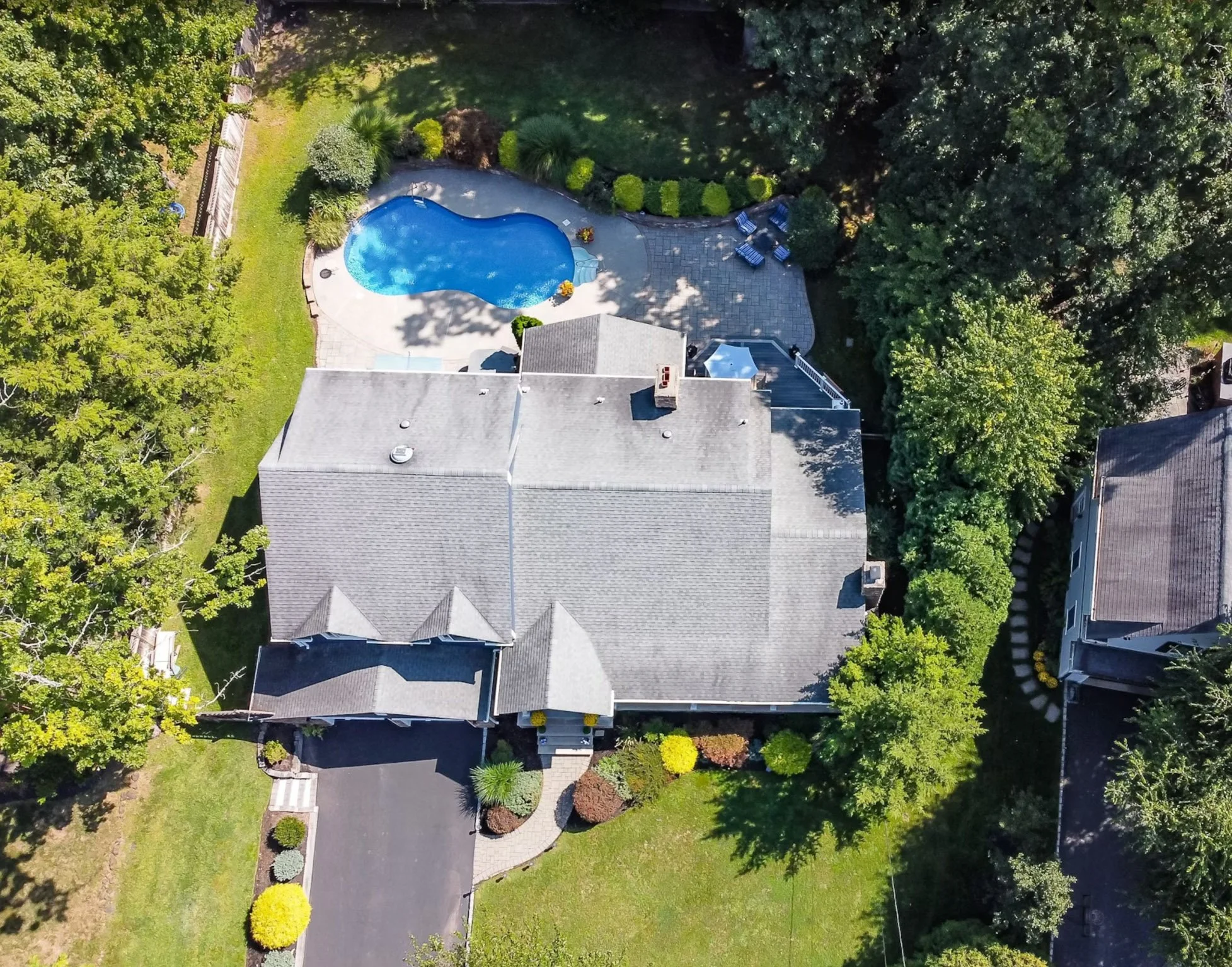 An aerial view of a house with a backyard that includes a kidney-shaped swimming pool, surrounded by trees, shrubs, and landscaped garden beds.