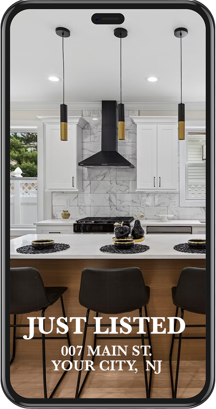 Digital home listing alert displayed on a smartphone, showing a modern kitchen with a white marble backsplash, black range hood, and hanging pendant lights, indicating a property just listed at 007 Main St, Your City, NJ.