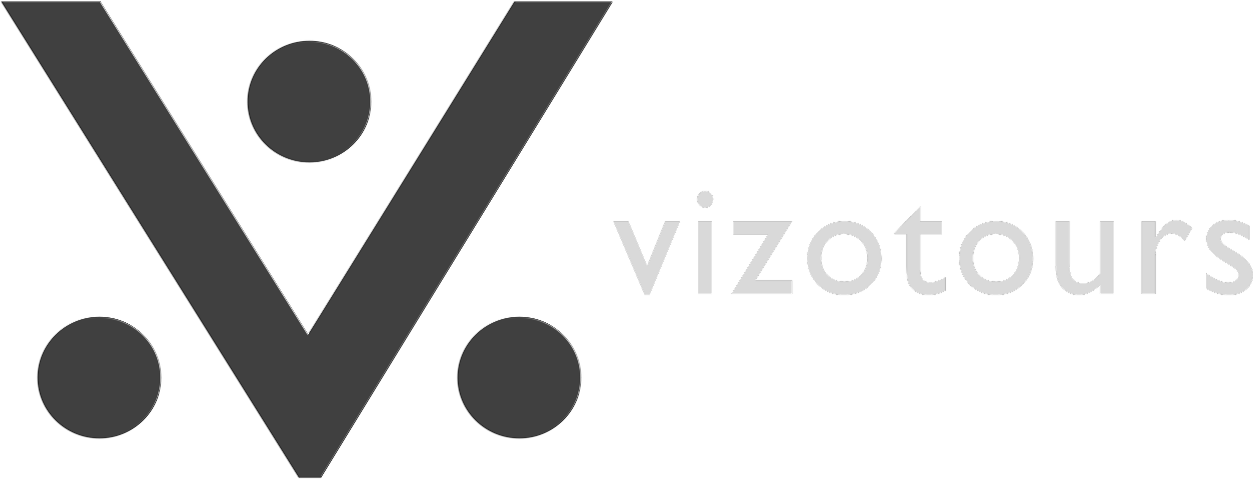 Logo for Vizotours with a black background, a large stylized V with gray circles, and the company name in gray letters.
