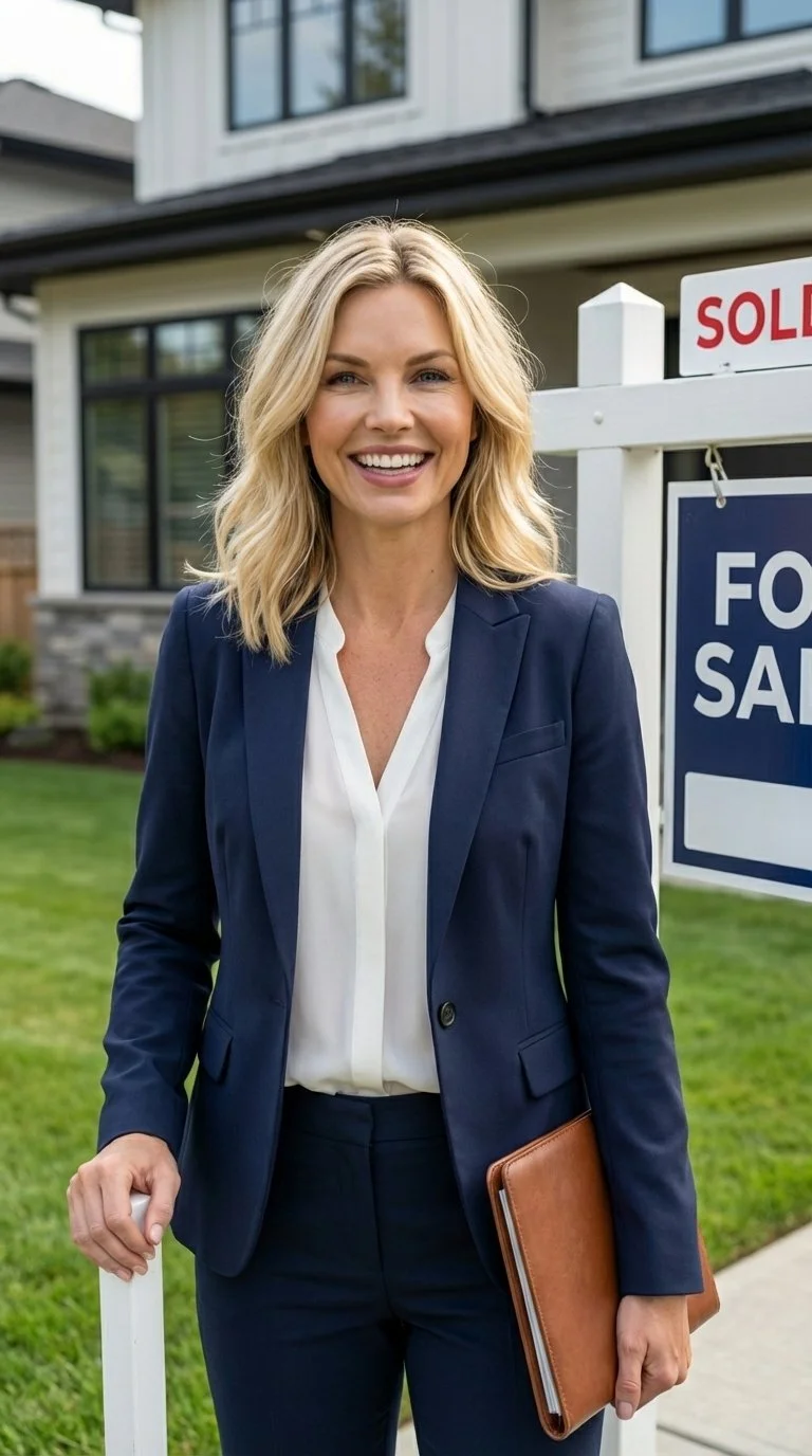 A woman with blonde hair wearing a navy blazer and white blouse smiling while standing in front of a house with a 'For Sale' sign and a 'Sold' sign.
