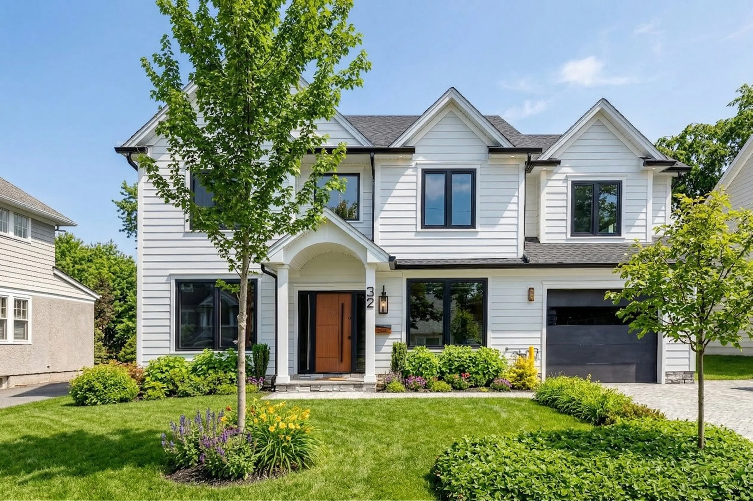 Front view of a modern, white two-story house with a dark garage door, surrounded by a green lawn with trees and flower bushes, under a blue sky.