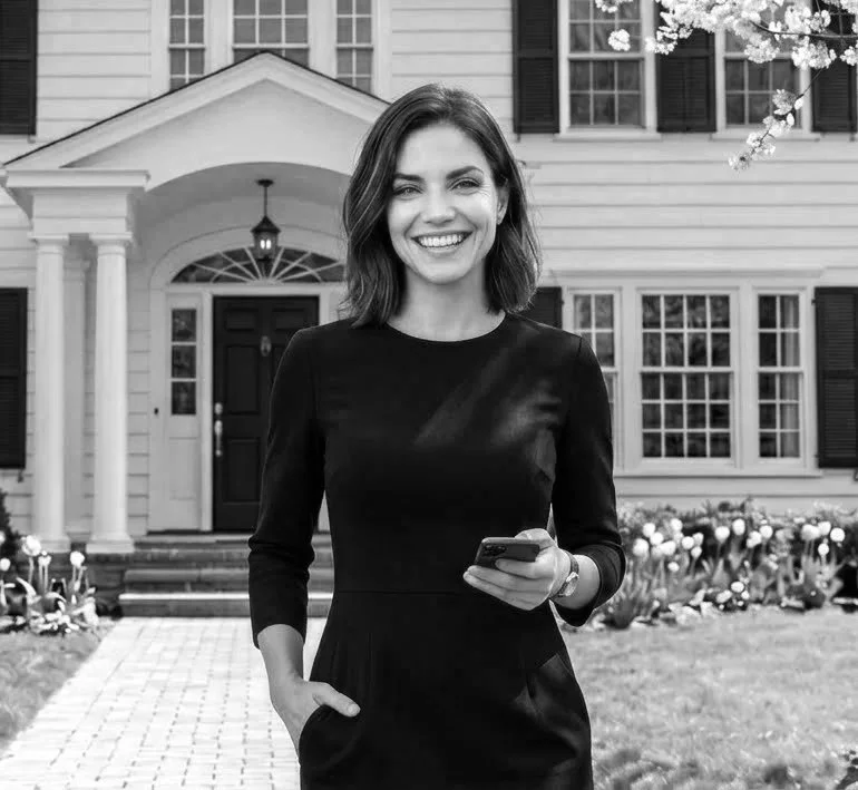 Woman in black dress smiling and holding a smartphone in front of a white house with black shutters, surrounded by a lawn and flowers.