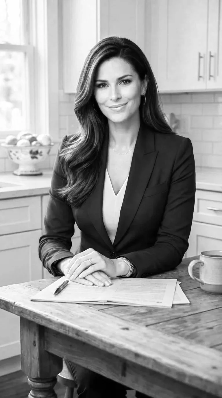 A woman in a green blazer sitting at a wooden table in a bright kitchen, with a bowl of fruit and a coffee mug in front of her.