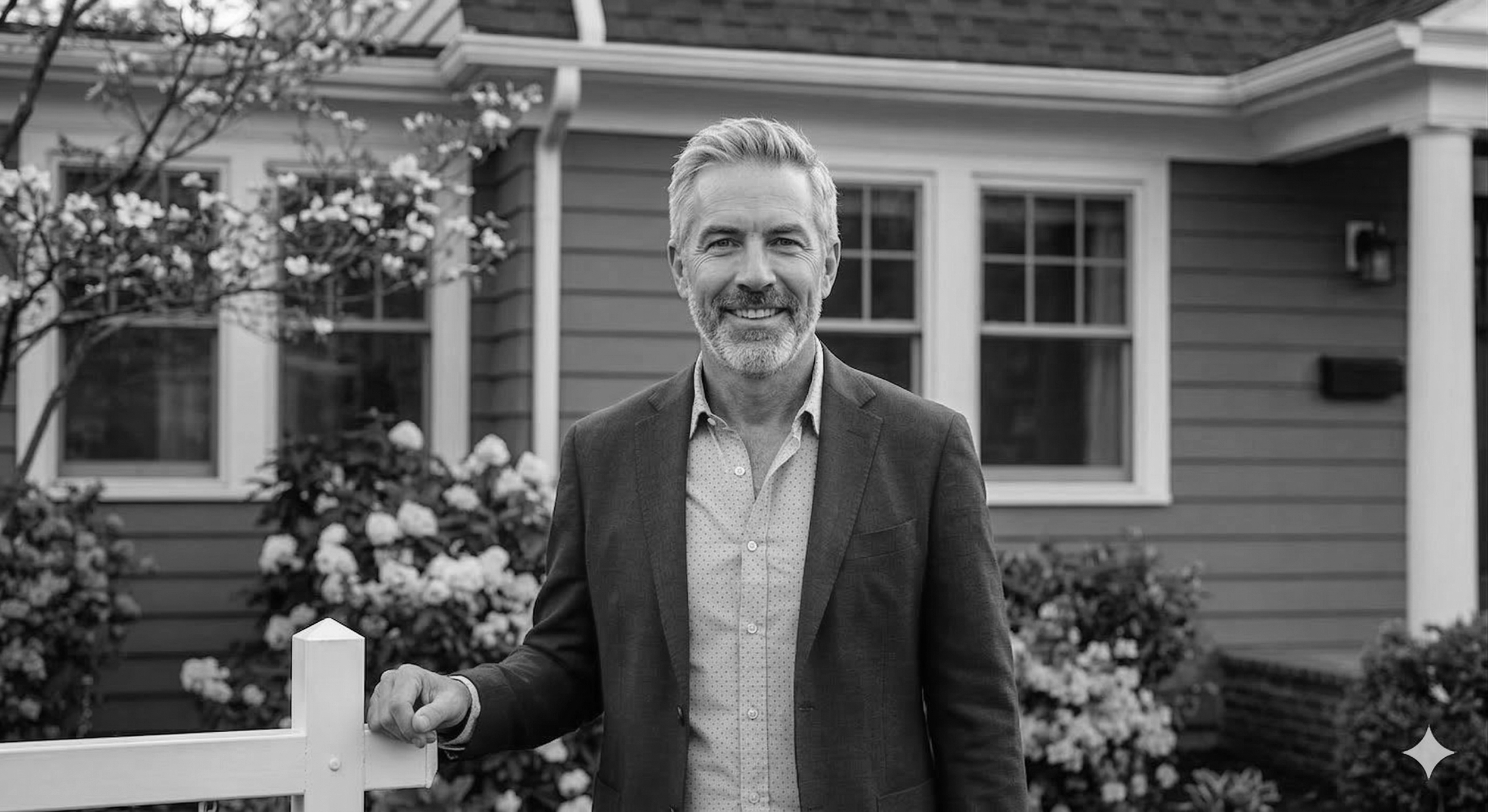A middle-aged man with gray hair and a beard, dressed in a blue blazer and a light blue shirt, smiling and standing in front of a blue house with white windows and pink and white flowering bushes.