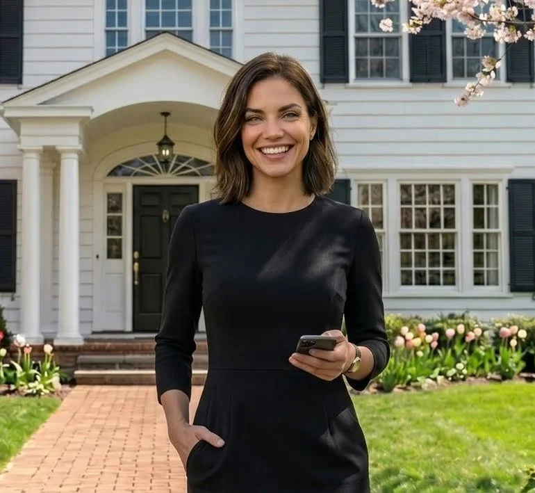 Woman in black dress smiling and holding a smartphone in front of a white house with black shutters, surrounded by a lawn and flowers.
