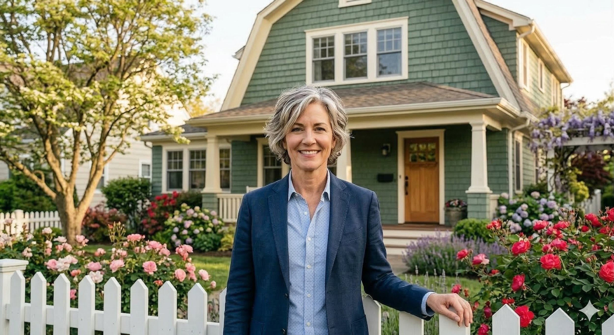 A woman with short gray hair smiling in front of a green house with colorful flowers and a white picket fence.