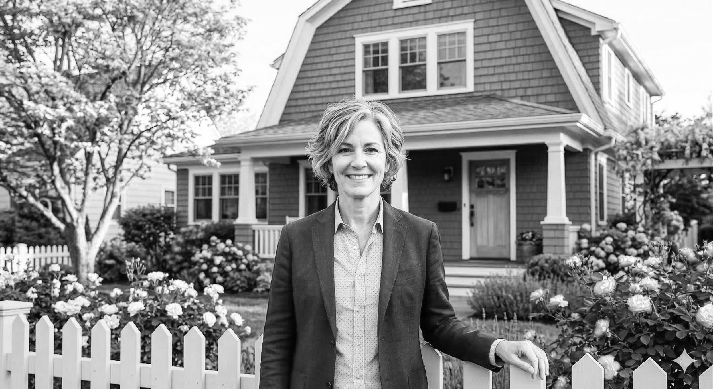 A woman with short gray hair smiling in front of a green house with colorful flowers and a white picket fence.