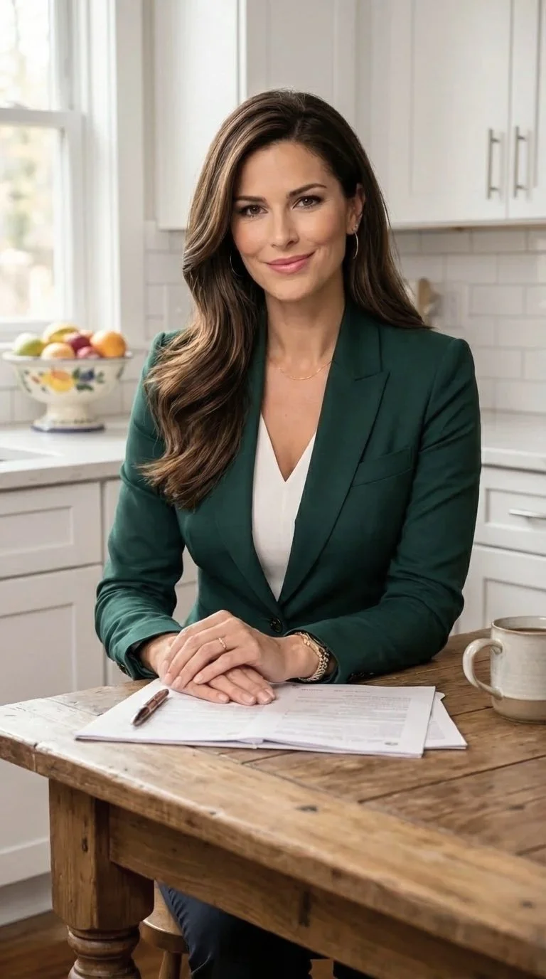 A woman in a green blazer sitting at a wooden table in a bright kitchen, with a bowl of fruit and a coffee mug in front of her.