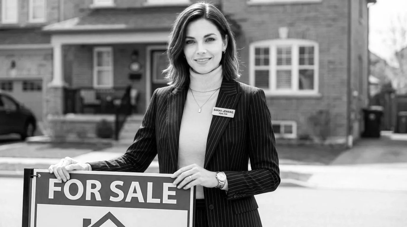 A young woman standing outdoors holding a 'For Sale' sign in front of a house. She is wearing a pinstripe blazer, a turtleneck, and a name tag that reads 'Sarai Jennings, Realtor'.