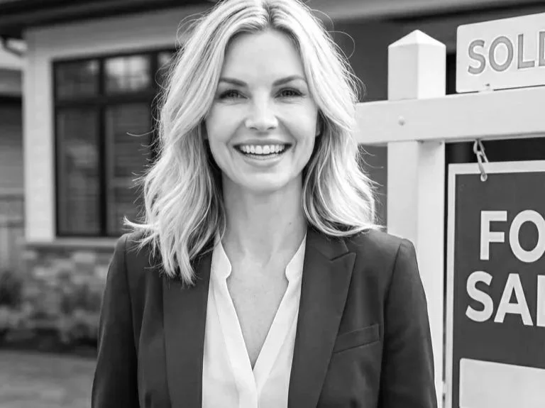 A woman with blonde hair wearing a navy blazer and white blouse smiling while standing in front of a house with a 'For Sale' sign and a 'Sold' sign.