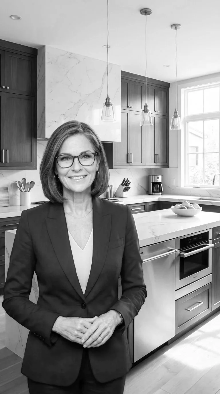 A smiling woman with gray hair and glasses, wearing a blue blazer, standing in a modern kitchen with wooden cabinets, a white marble countertop, and pendant lights.