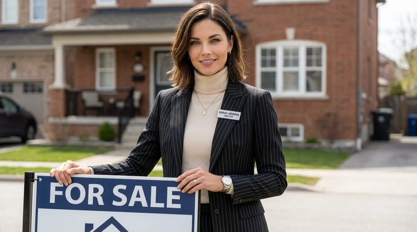 A young woman standing outdoors holding a 'For Sale' sign in front of a house. She is wearing a pinstripe blazer, a turtleneck, and a name tag that reads 'Sarai Jennings, Realtor'.
