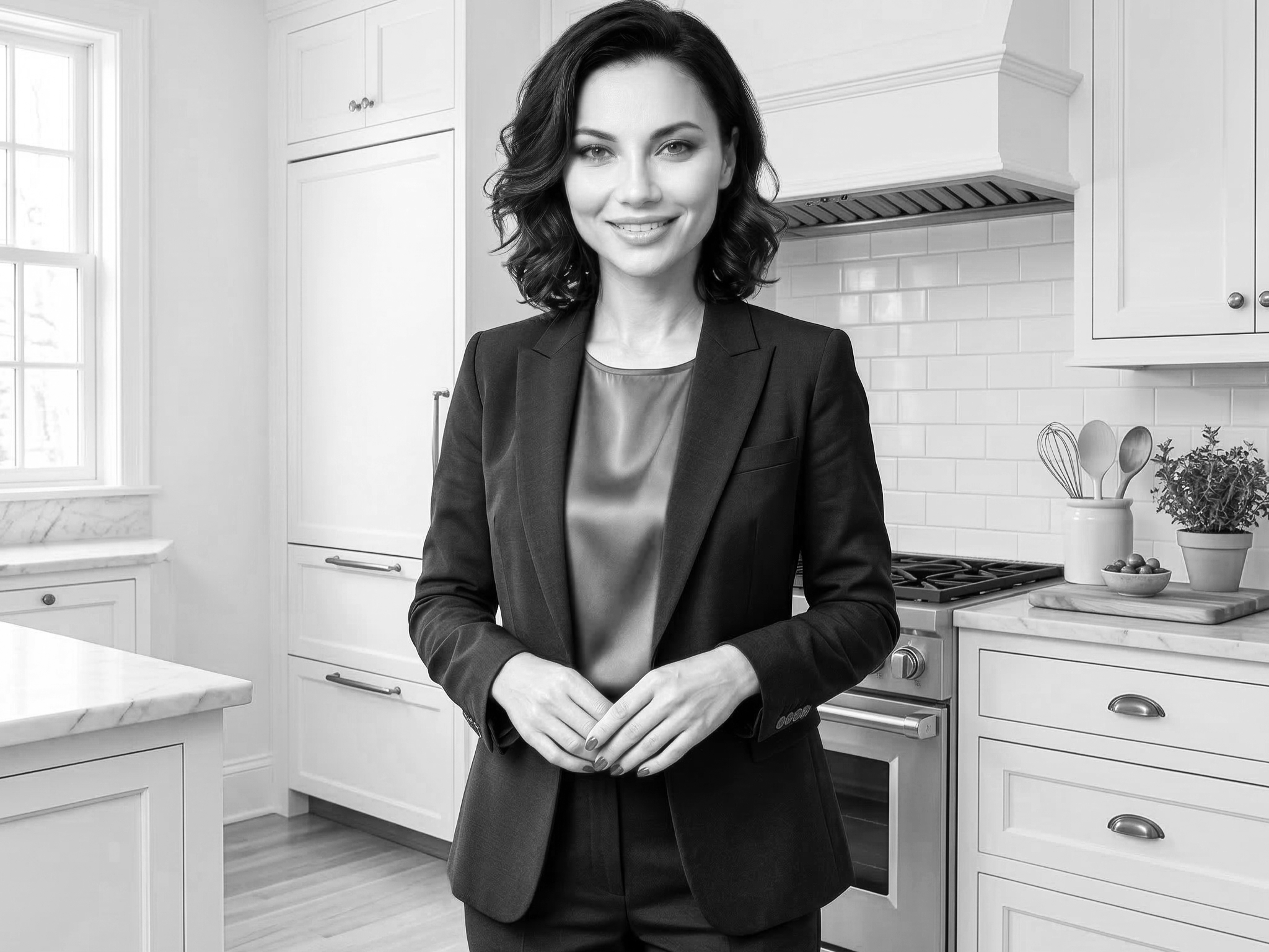 A woman in a black suit standing in a white kitchen with wooden floors, white cabinets, and a stove, smiling at the camera.