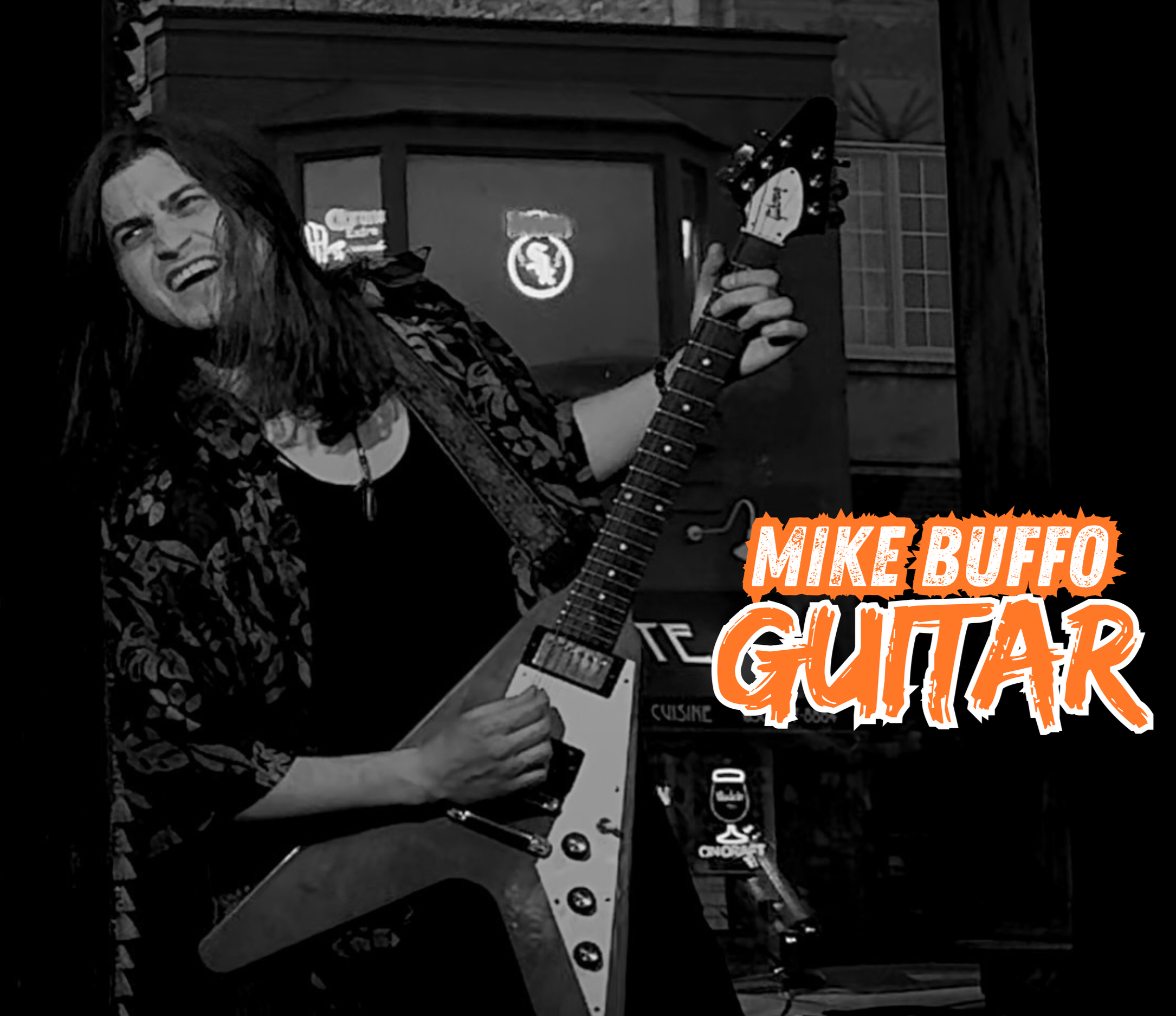A woman with long dark hair is holding an electric guitar, making a face as if she is excited or intense. The background shows a building with lights and a window. The image has a logo and the text 'Mike Buffo Guitar' in orange and white font.