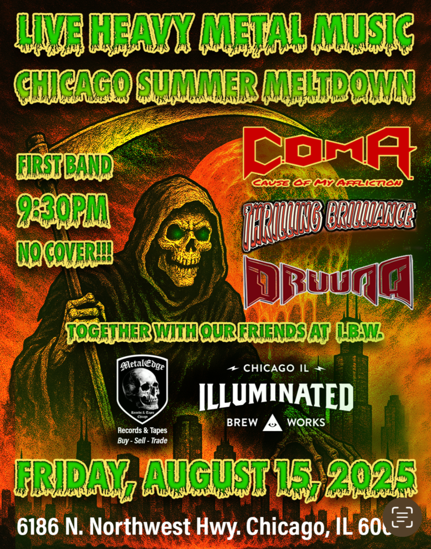 Event poster for heavy metal concert in Chicago, featuring a skeletal Grim Reaper with green glowing eyes, dark city skyline, and fiery background with a large orange moon. Details include date, time, location, and bands playing.