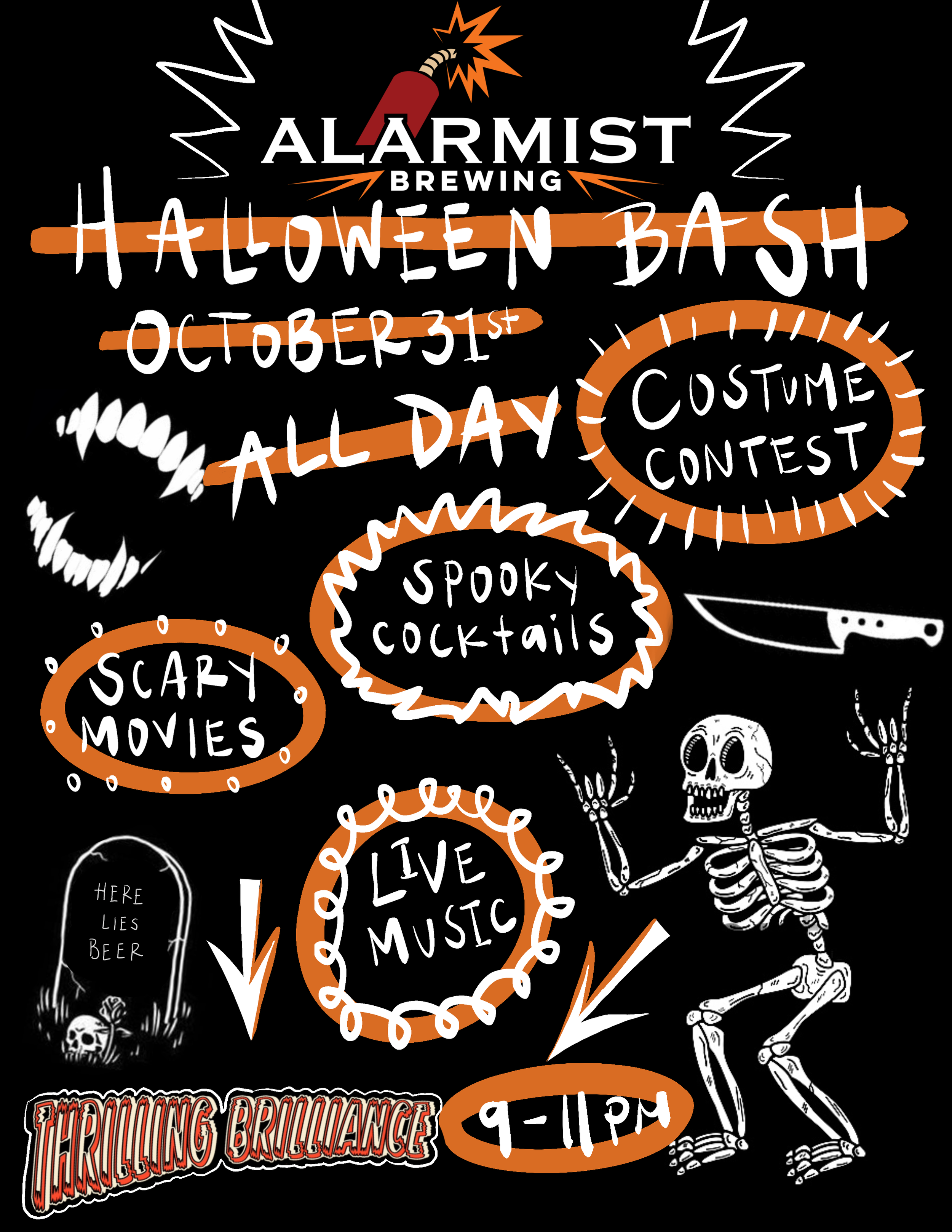 A promotional black poster for Alarmist Brewing's Halloween Bash on October 31st featuring hand-drawn illustrations and text advertising costume contest, spooky cocktails, scary movies, live music from 9 to 11 pm, and decorations including a skeleton, a tombstone with 'Here Lies Beer', a knife, and a clown face.