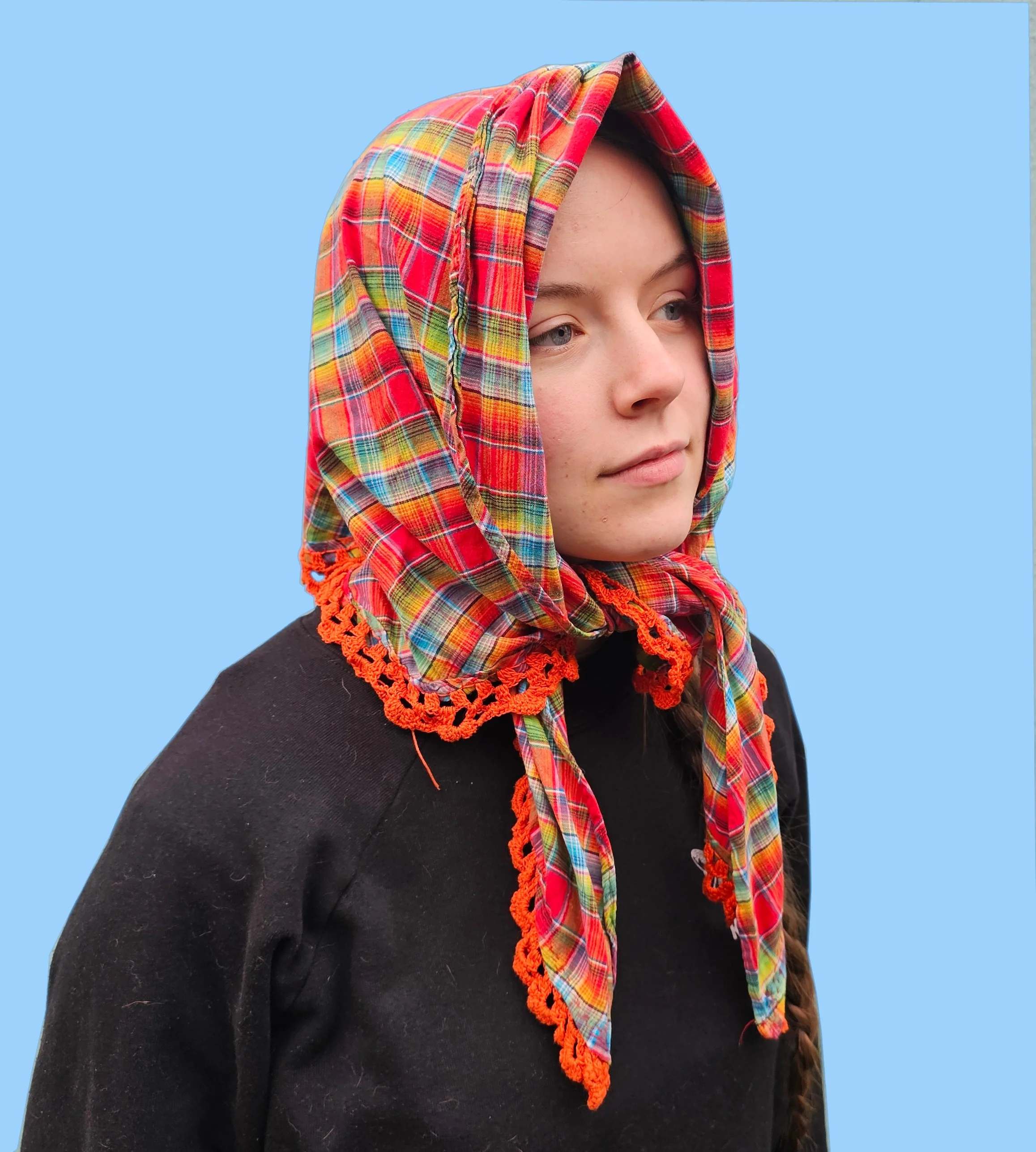 Plaid Shawl with Crocheted Lace