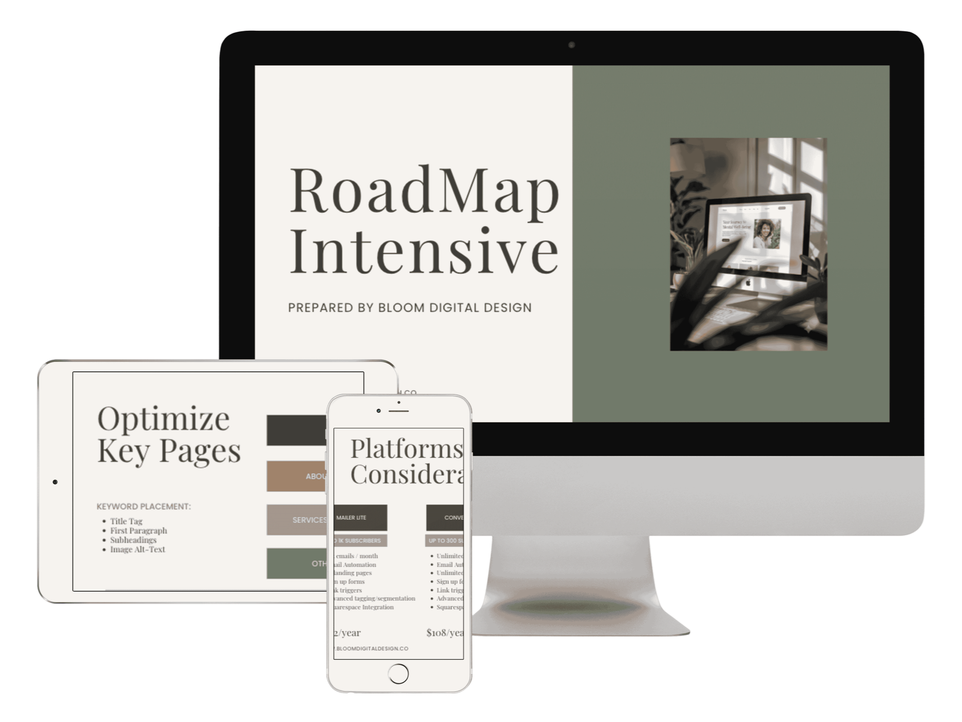 Digital presentation of a marketing roadmap titled "RoadMap Intensive" prepared by Bloom Digital Design, displayed on desktop and mobile screens.