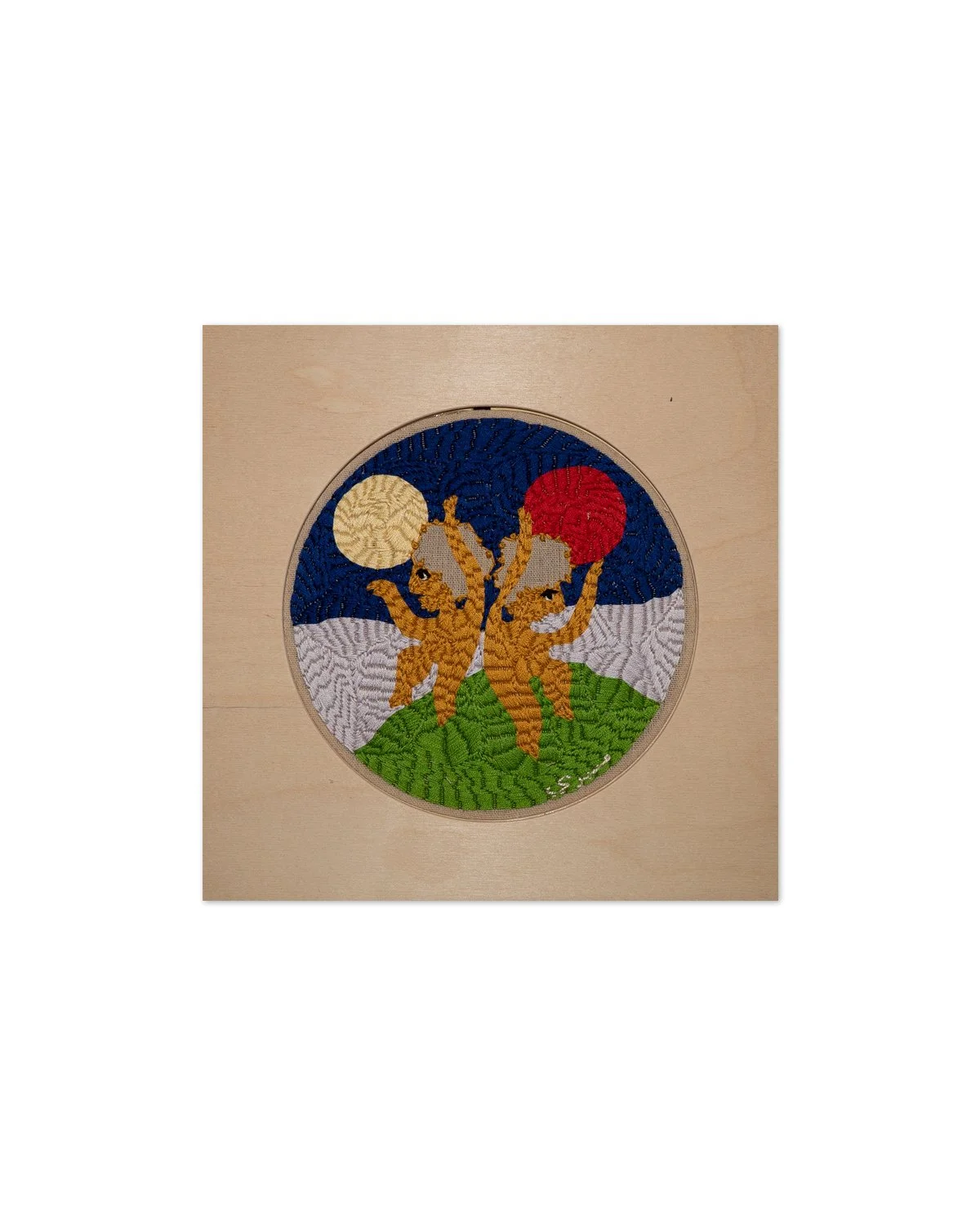 'Between Two Suns', 2023, hand embroidered cotton, 9" x 9"