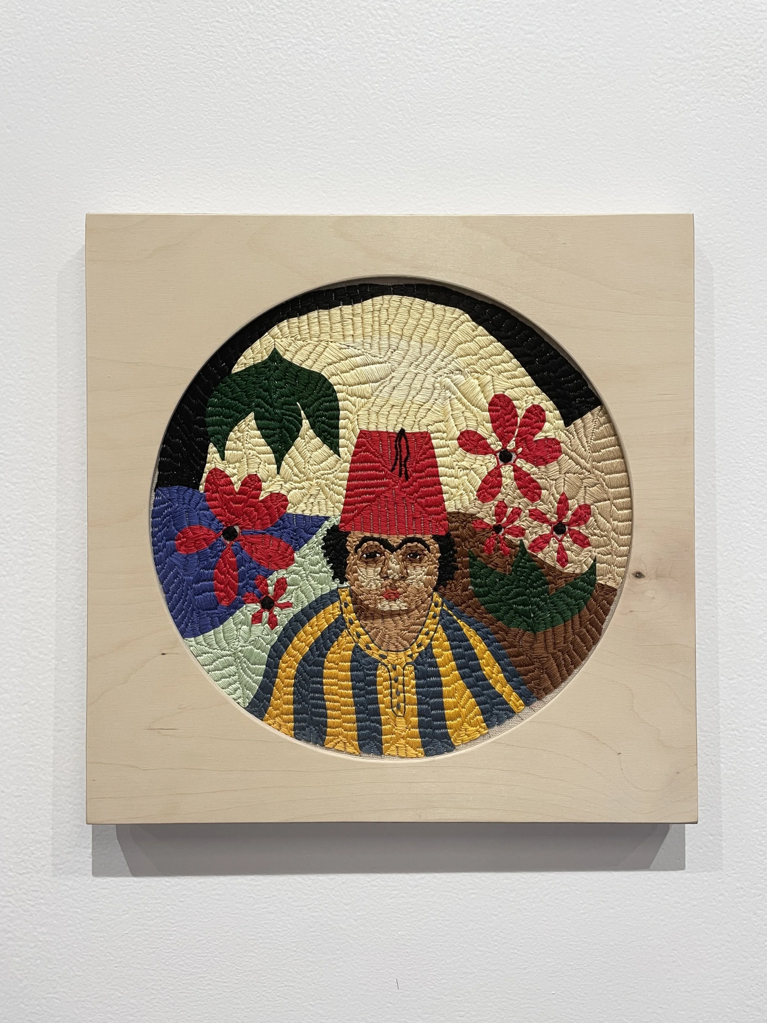 'Habibi with Flowers', 2024, hand embroidered cotton, 12" x 12"
