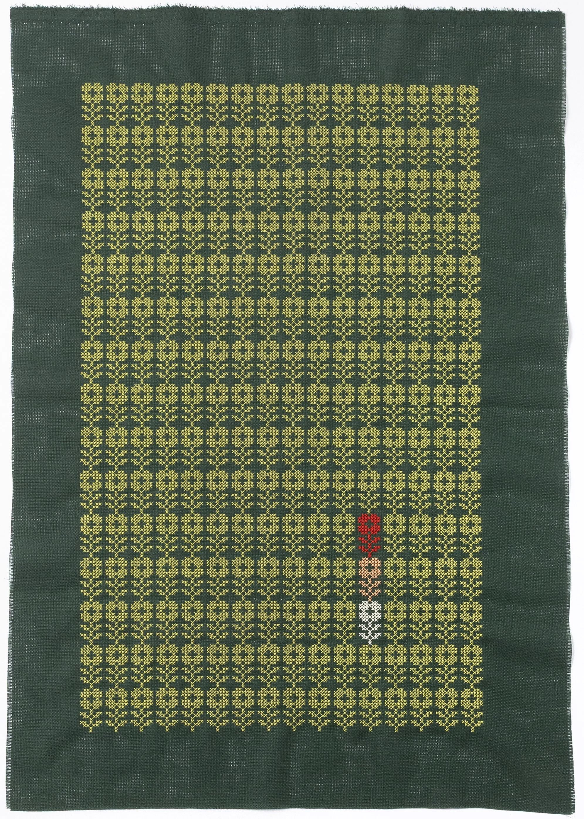 'Sympathy for the Strawberry', 2026, hand embroidered cotton, 20" x 30"