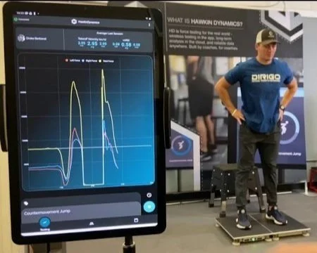 A man stands on a fitness platform performing a countermovement jump, monitored by a tablet measuring his jump dynamics. The screen displays graphs and data analysis. He is wearing a blue shirt, black pants, and a cap. The background has a banner with text about performance testing equipment.