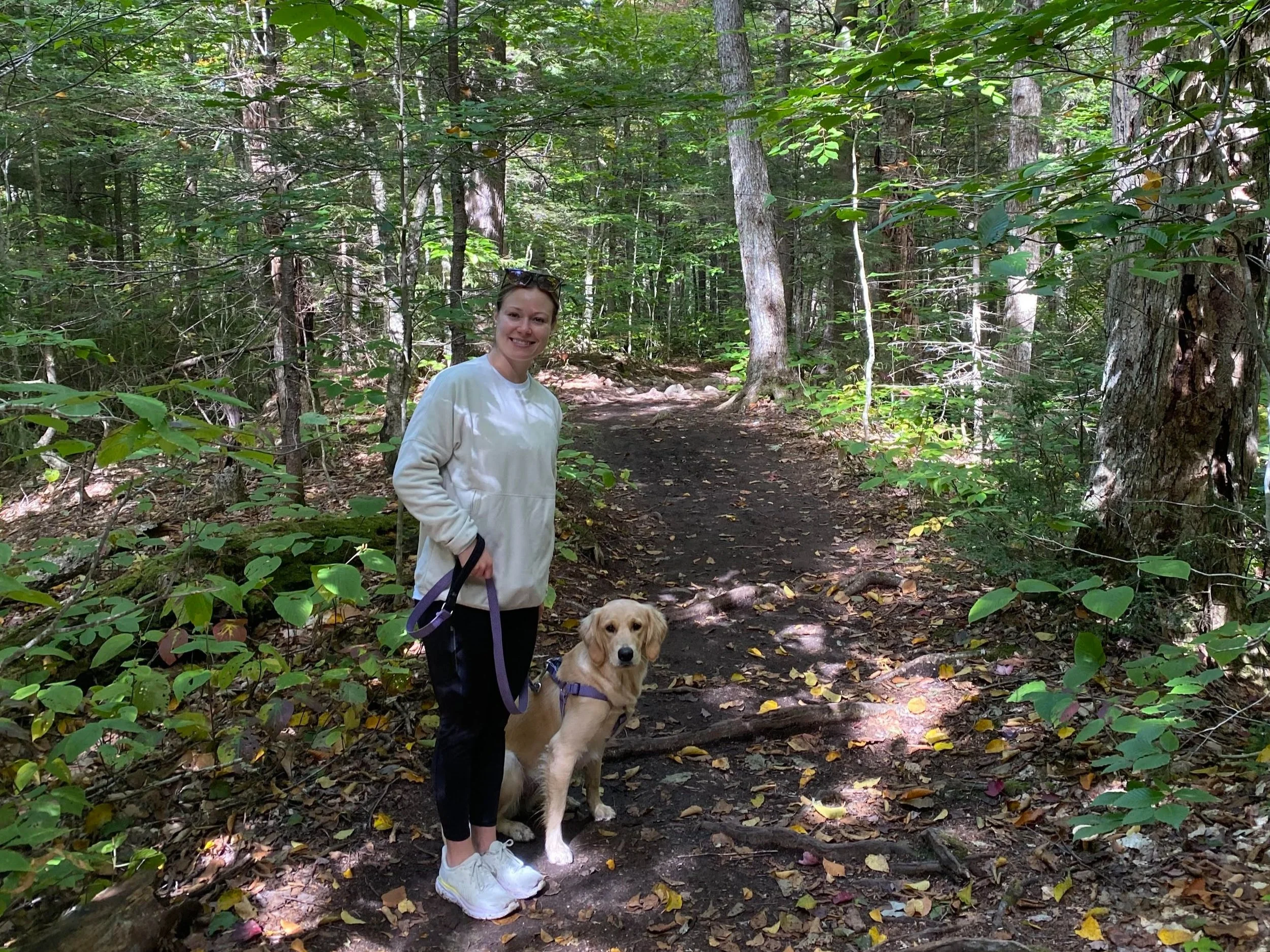 Person with a dog on a leash standing on a forest trail with green foliage.