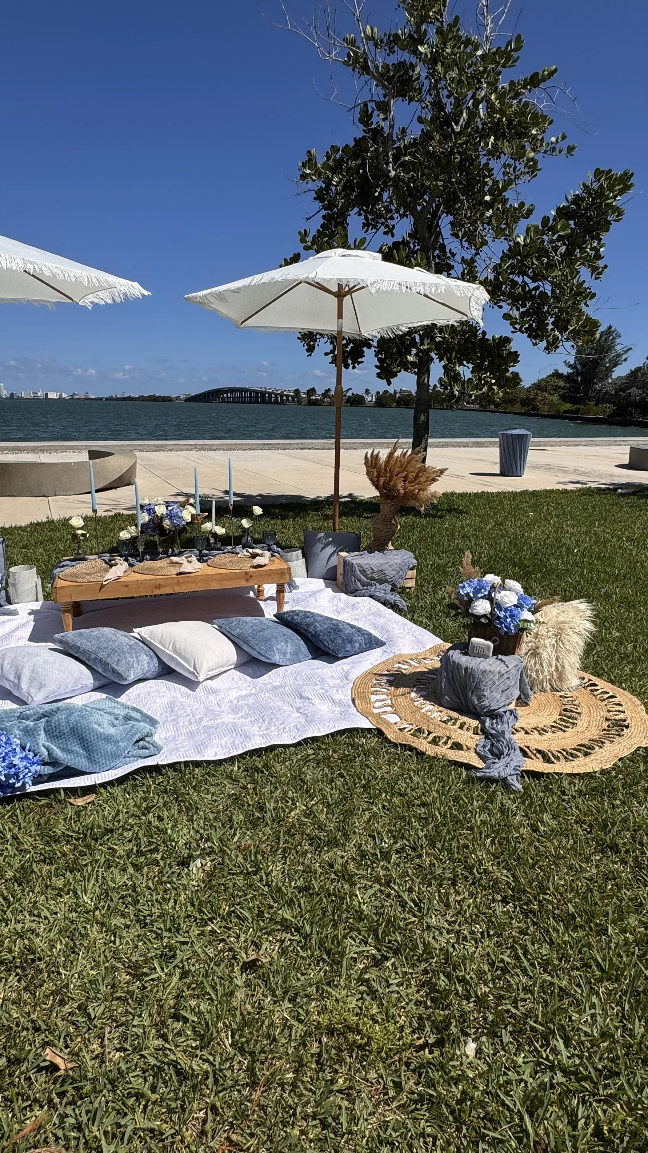 Picnic setup with cushions, flowers, and candles on a blanket near water, with umbrellas and trees under a blue sky.
