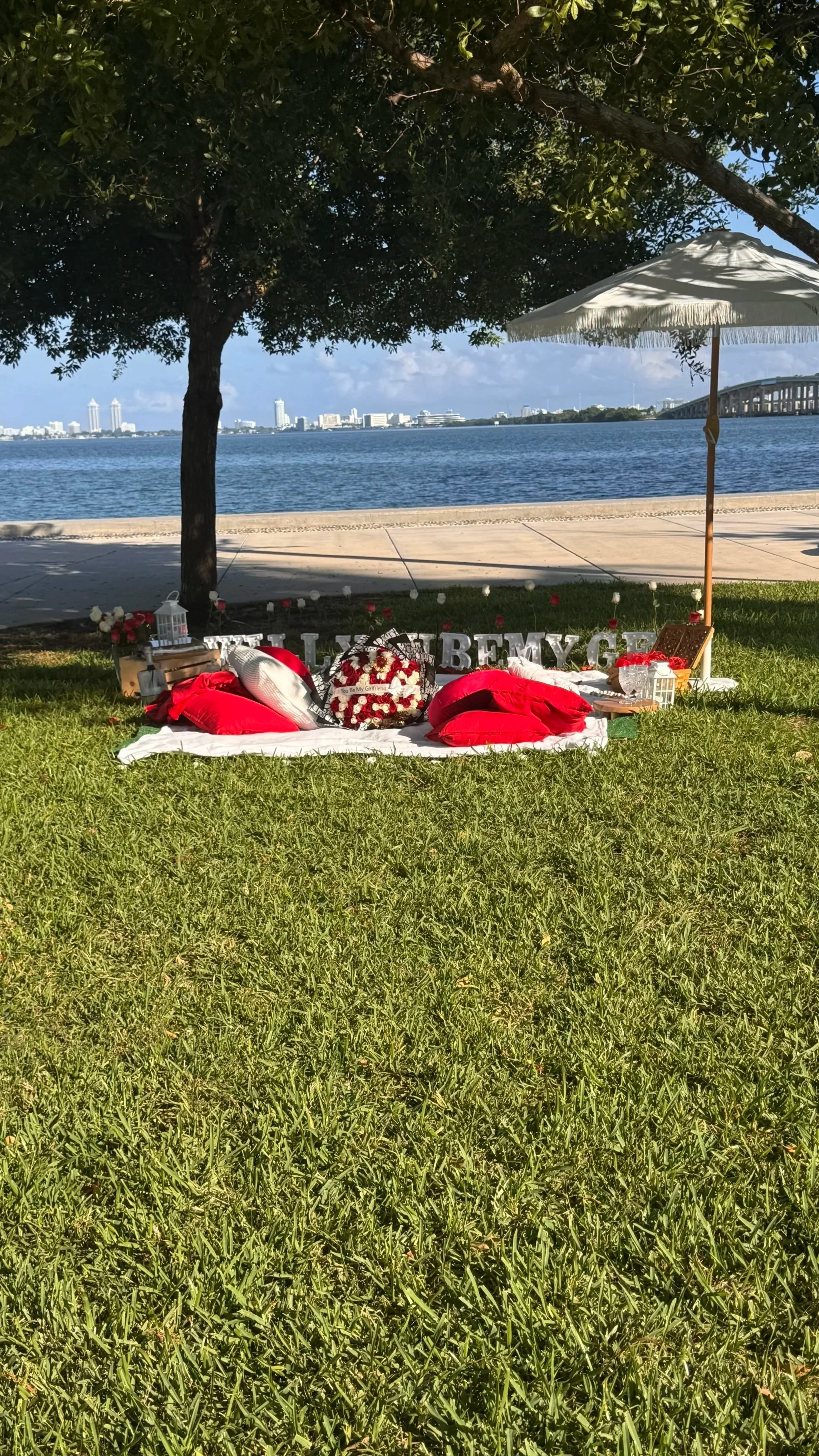 A romantic picnic setup by a river with a city skyline in the background. The setup includes red cushions, white and red flowers, lanterns, a white blanket, and an umbrella for shade.