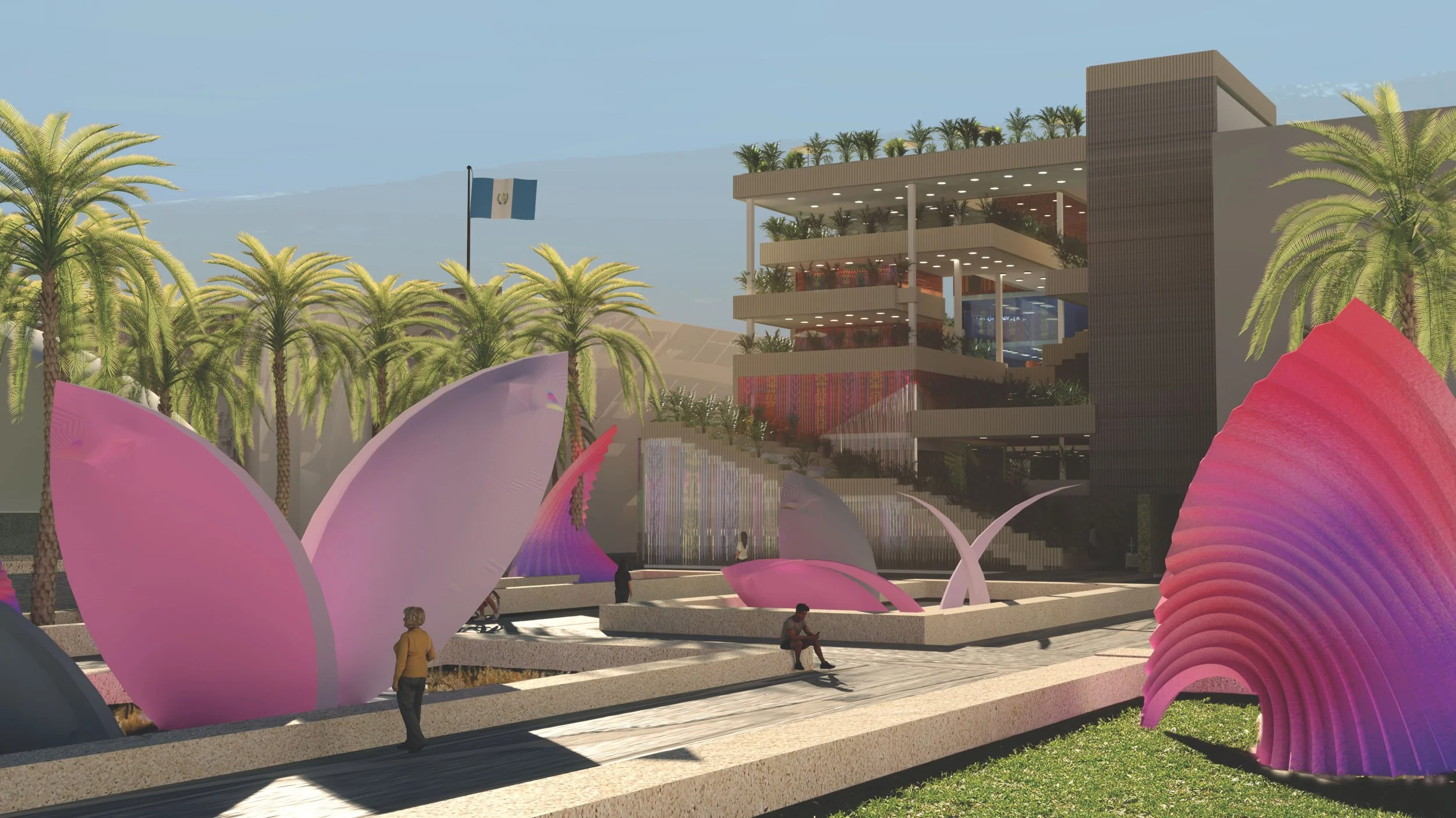 A digital rendering of a modern outdoor space with large pink and purple butterfly-shaped sculptures, palm trees, and a multi-level building with lush greenery on upper floors.