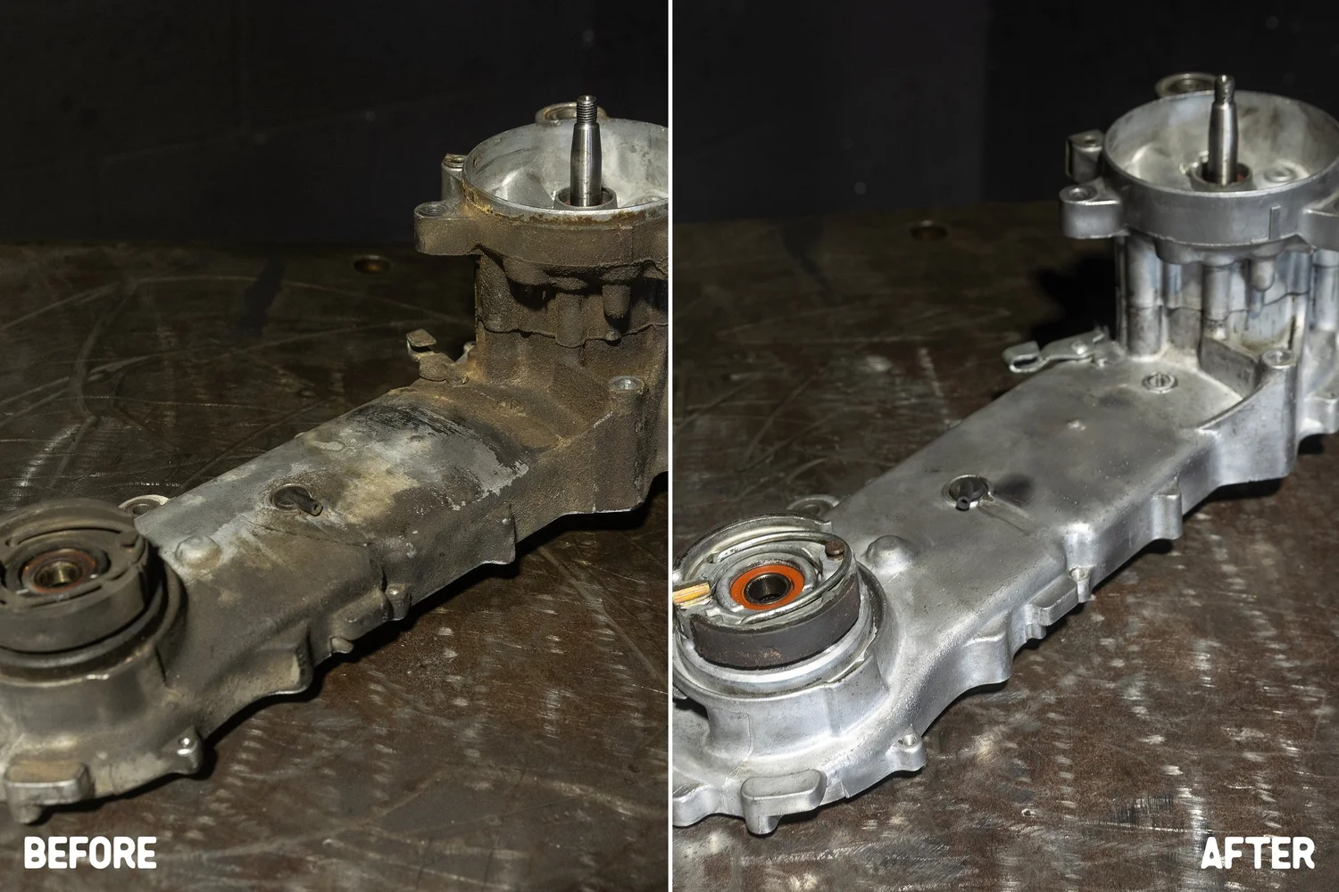 Rusty engine component before and after cleaning.