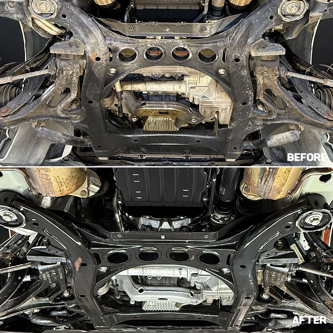 Comparison of car chassis before and after suspension upgrade, showing a rusty, exposed frame in the top image and a clean, black, upgraded frame with new components in the bottom image.