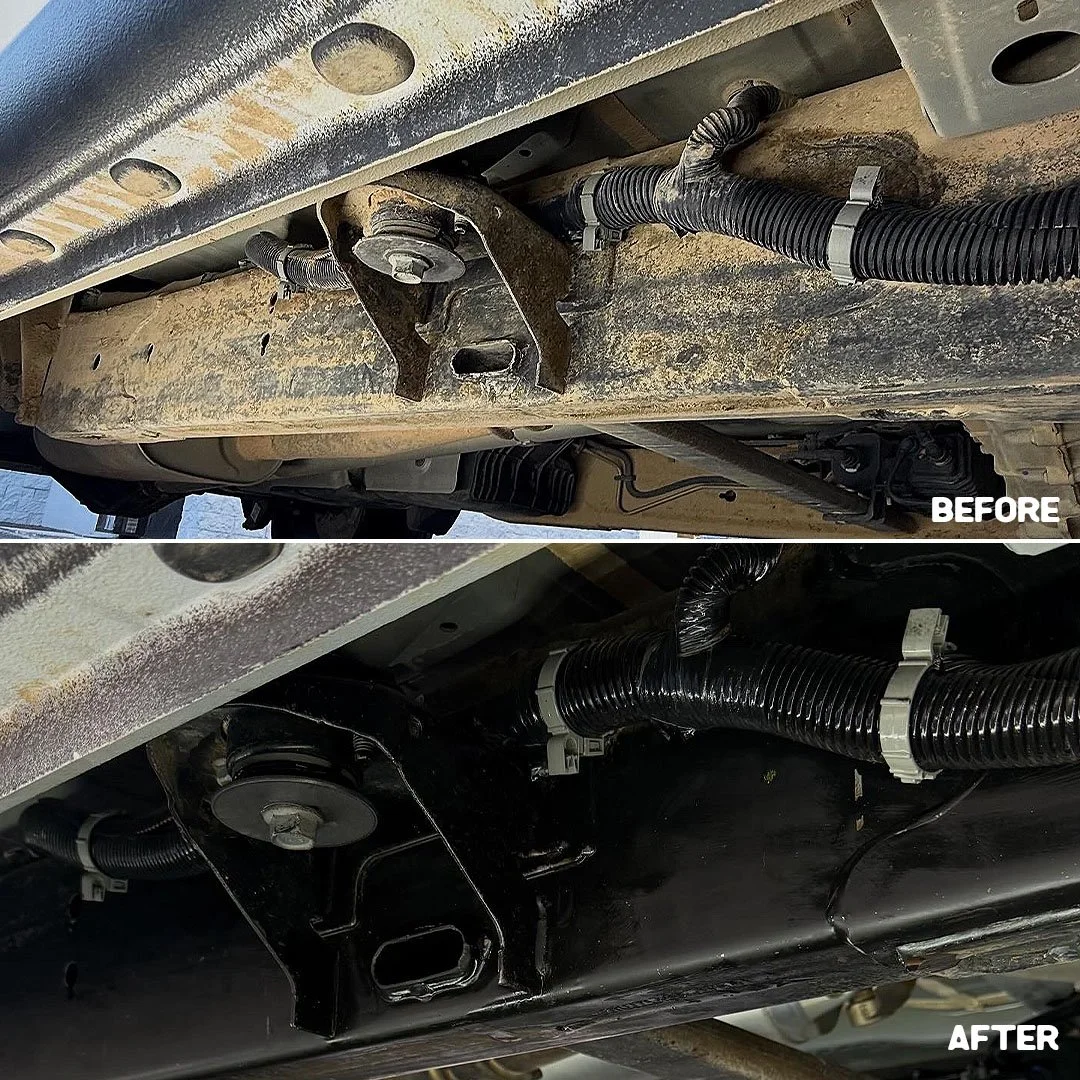 Comparison of the underside of a vehicle before and after cleaning, showing dirt and grime removal with Cold Revolvers.