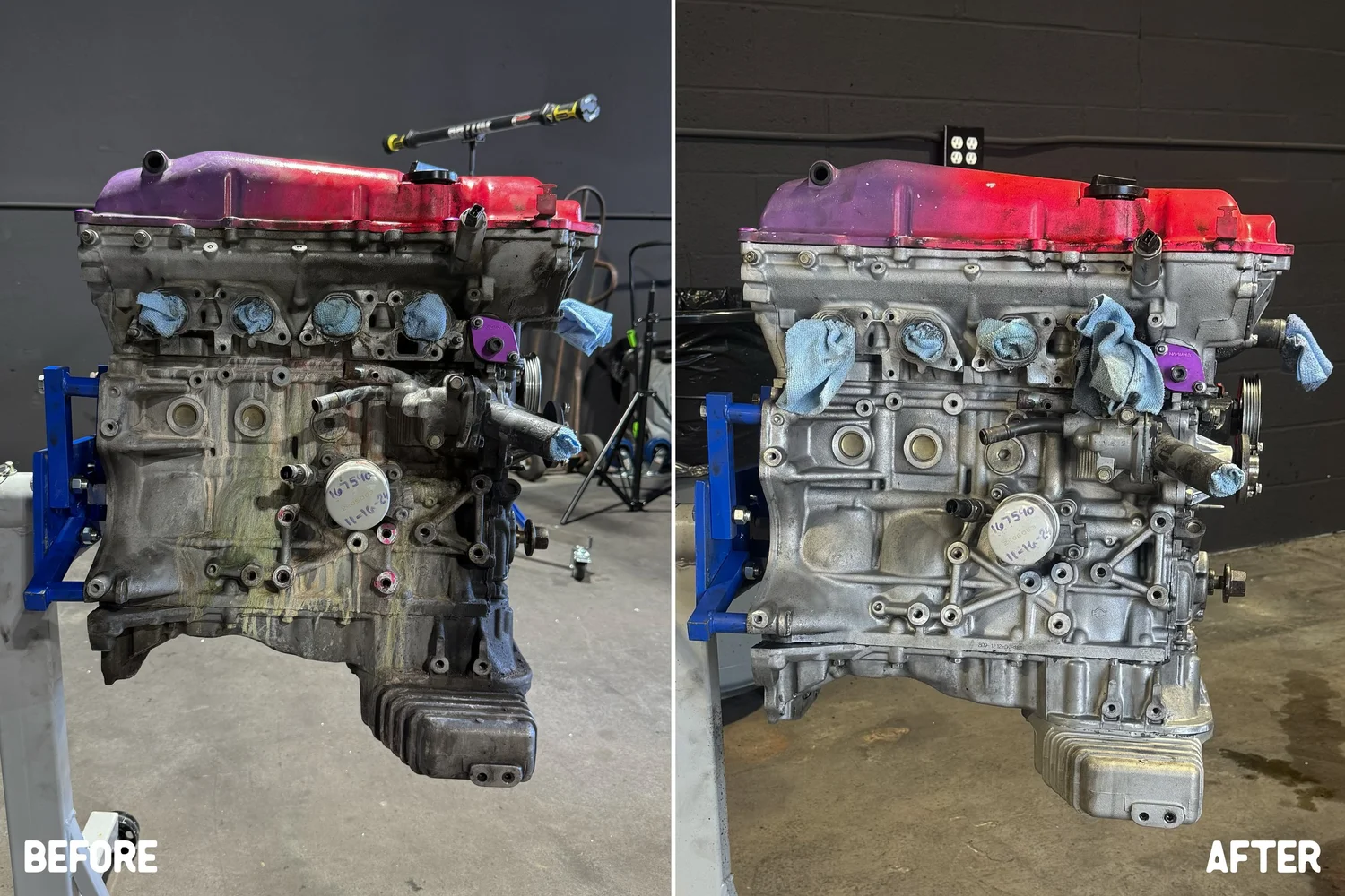 Side-by-side comparison of a car engine before and after cleaning.