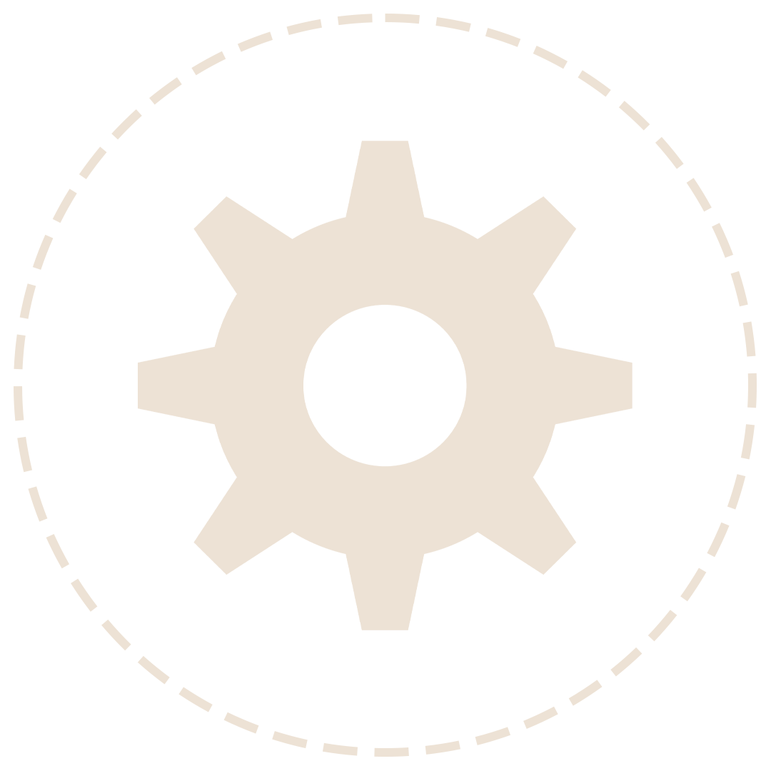A gear icon with a dashed circle outline around it, representing settings or technology.