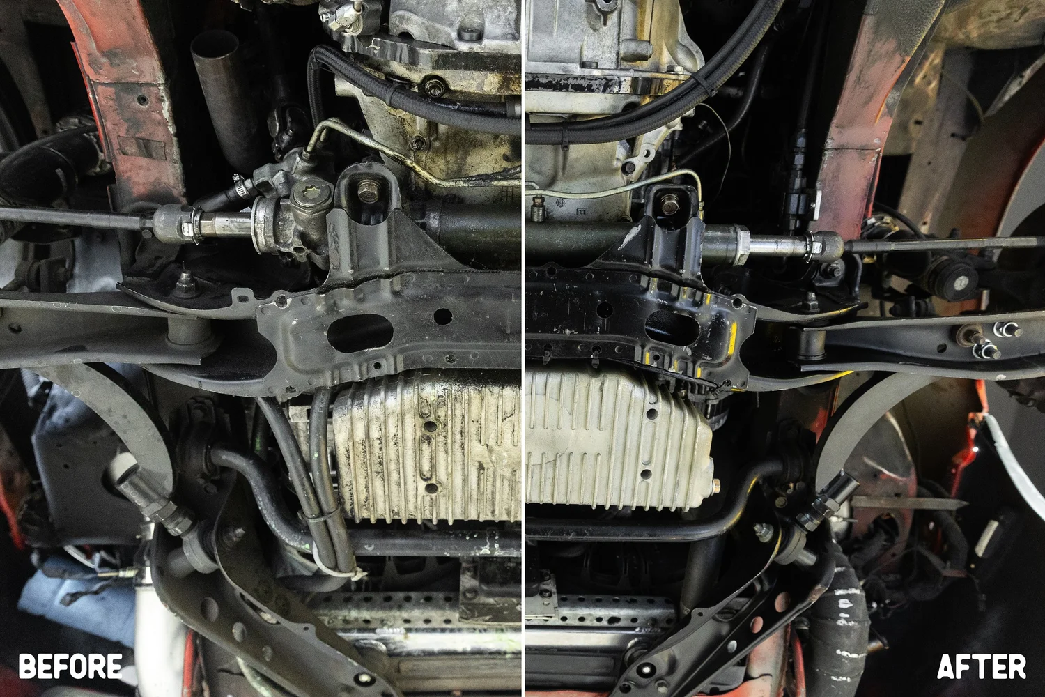 Vehicle underside before and after cleaning.