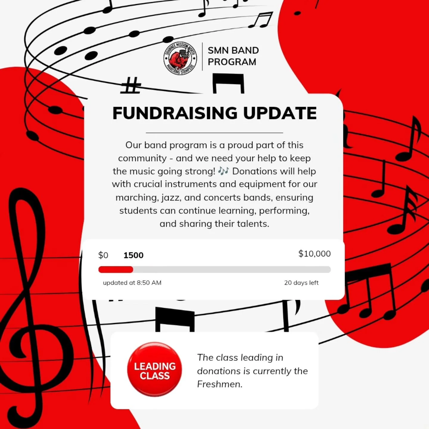 Our current fundraiser is off to a great start! The freshmen class is currently in the lead after the 1st day. Thank you all for the continued support! Let's keep our momentum going to reach our goal.

#SupportOurStudents #CommunityStrong #BandPride 