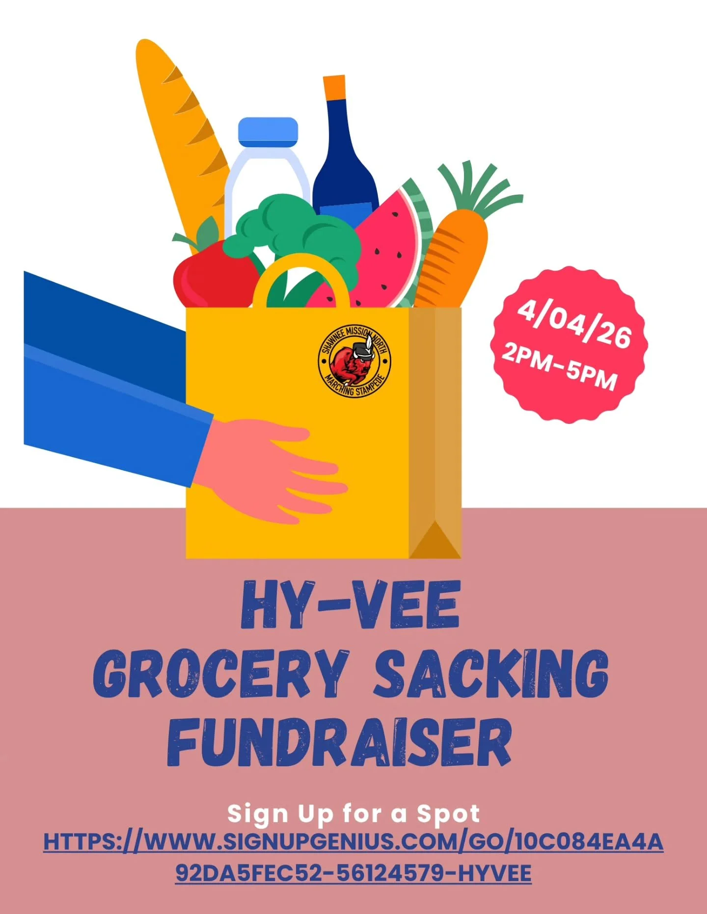 Hey Band! We're doing a grocery sacking fundraiser Saturday. Ask your section leader for the signup link to help out. Shifts are 2-3:30 or 3:30-5.